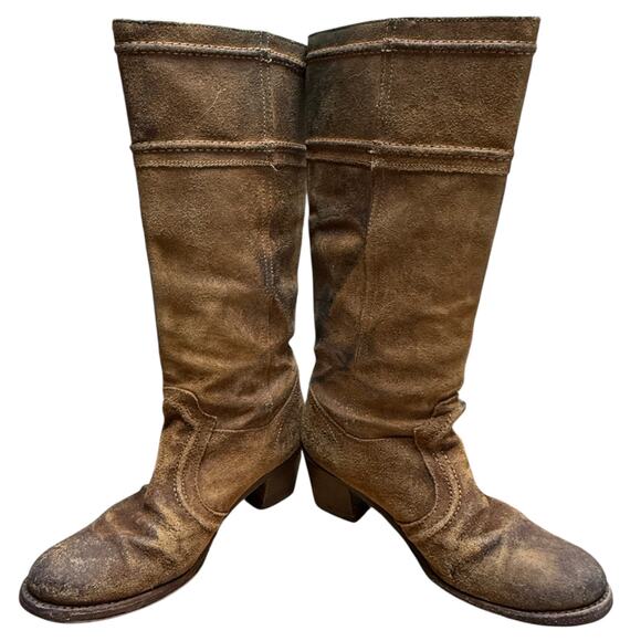 Frye Jane Stitch Boots Size 9 Knee High Riding Oiled Brown Suede Leather *flaw - Picture 1 of 8